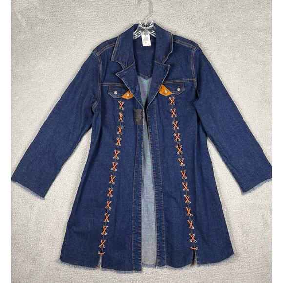 Ethyl Denim Jean Duster Jacket Women's XL Blue Lace-Up Fringe Western Long Coat - Picture 1 of 13
